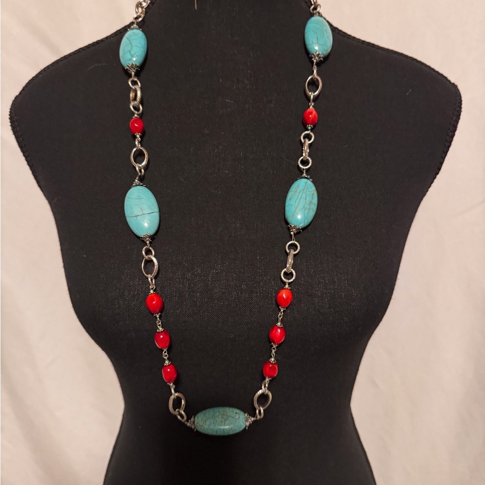 Turquoise and Red Beaded Necklace